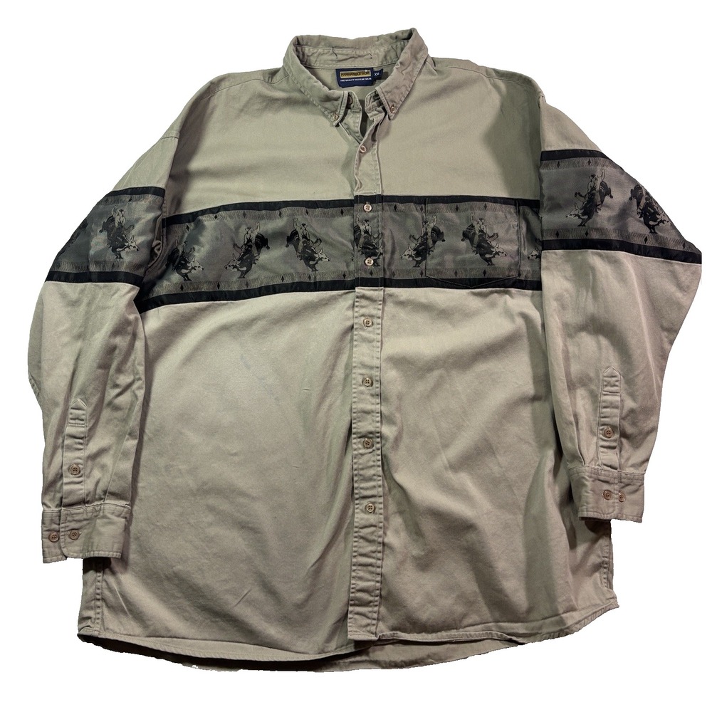 vintage mens taupe Panhandle Slim rodeo western shirt bull riding‎ cotton 2XL
